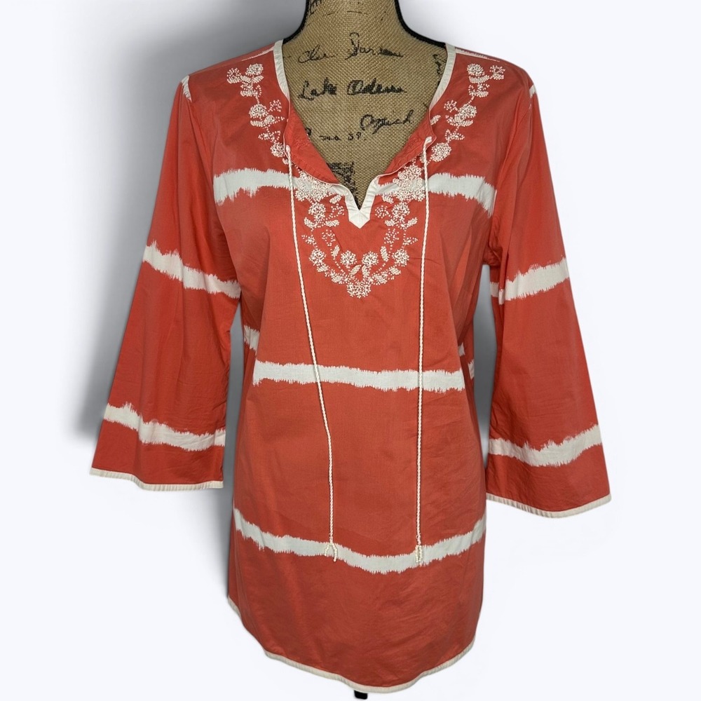 Madison Tunic Top Coral Stripe Seed Bead Neck Beach Boho Vacation Resort Sz M